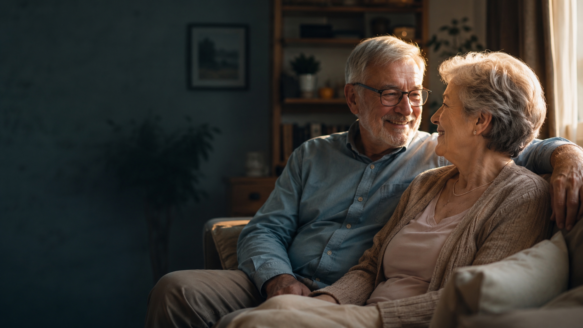 A senior couple sharing a quiet, reassuring moment together at home